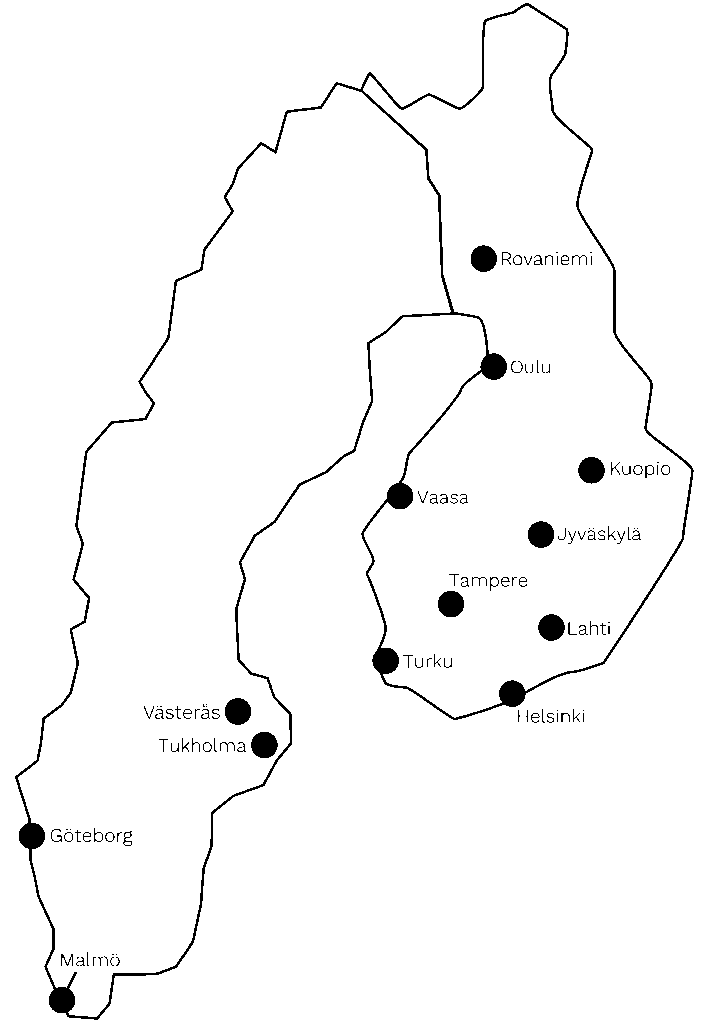 Suomen ja Ruotsin piirretty kartta, johon on merkitty Jalo&Jalon toimipisteet